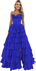 Strapless Corset Prom Dresses for Women 2025 Long Tiered Ruffle Chiffon Formal Evening Gown with Slit