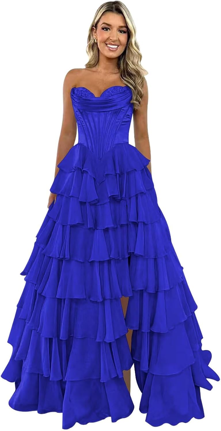 Trägerloses Korsett-Ballkleid für Damen 2025, langes, gestuftes, gerüschtes Chiffon-Abendkleid mit Schlitz 