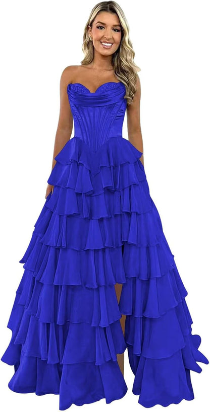 Trägerloses Korsett-Ballkleid für Damen 2025, langes, gestuftes, gerüschtes Chiffon-Abendkleid mit Schlitz 