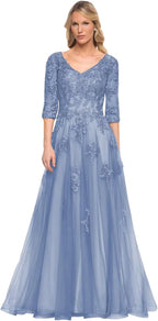 Damen V-Ausschnitt 3/4 Ärmel Kleid für die Brautmutter A-Linie Tüll Spitzenapplikationen Langes formelles Partykleid QA117 