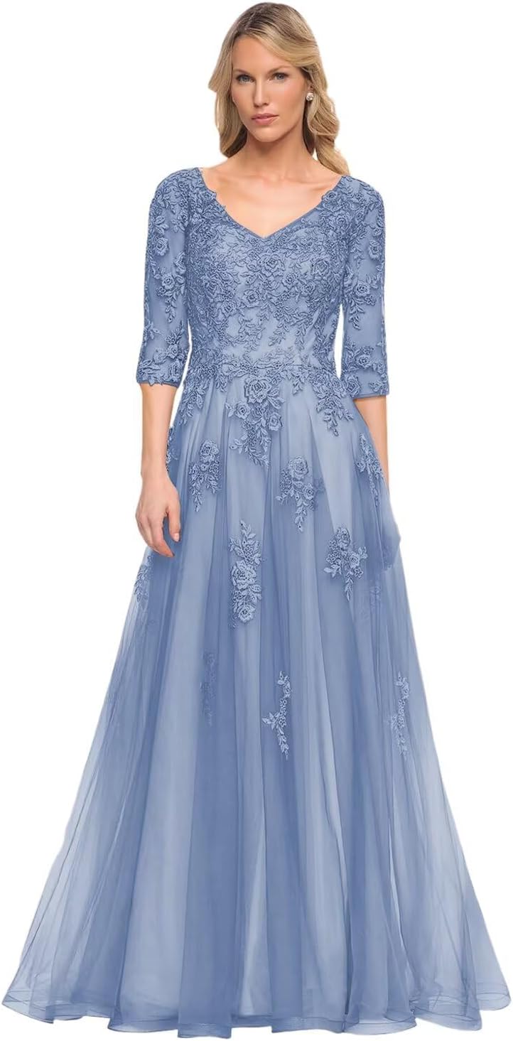 Women's V-Neck 3/4 Sleeve Mother of The Bride Dress A-line Tulle Lace Appliques Long Formal Party Dress QA117