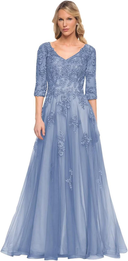 Women's V-Neck 3/4 Sleeve Mother of The Bride Dress A-line Tulle Lace Appliques Long Formal Party Dress QA117