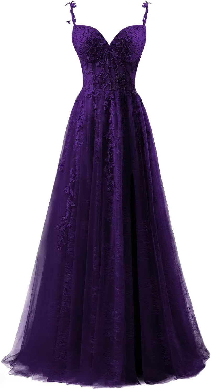 Lace Applique Tulle Prom Dresses for Women 2025 Spaghetti Straps Ball Gown Formal Evening Party Gown with Slit