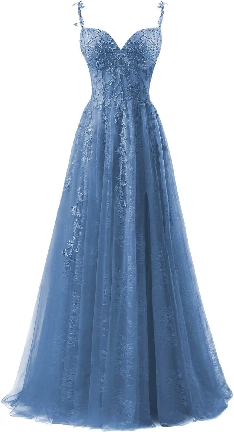 Vestidos de fiesta de tul con apliques de encaje para mujer 2025, vestido de fiesta formal de noche con tirantes finos y abertura 