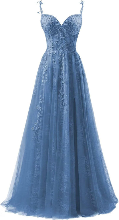 Lace Applique Tulle Prom Dresses for Women 2025 Spaghetti Straps Ball Gown Formal Evening Party Gown with Slit
