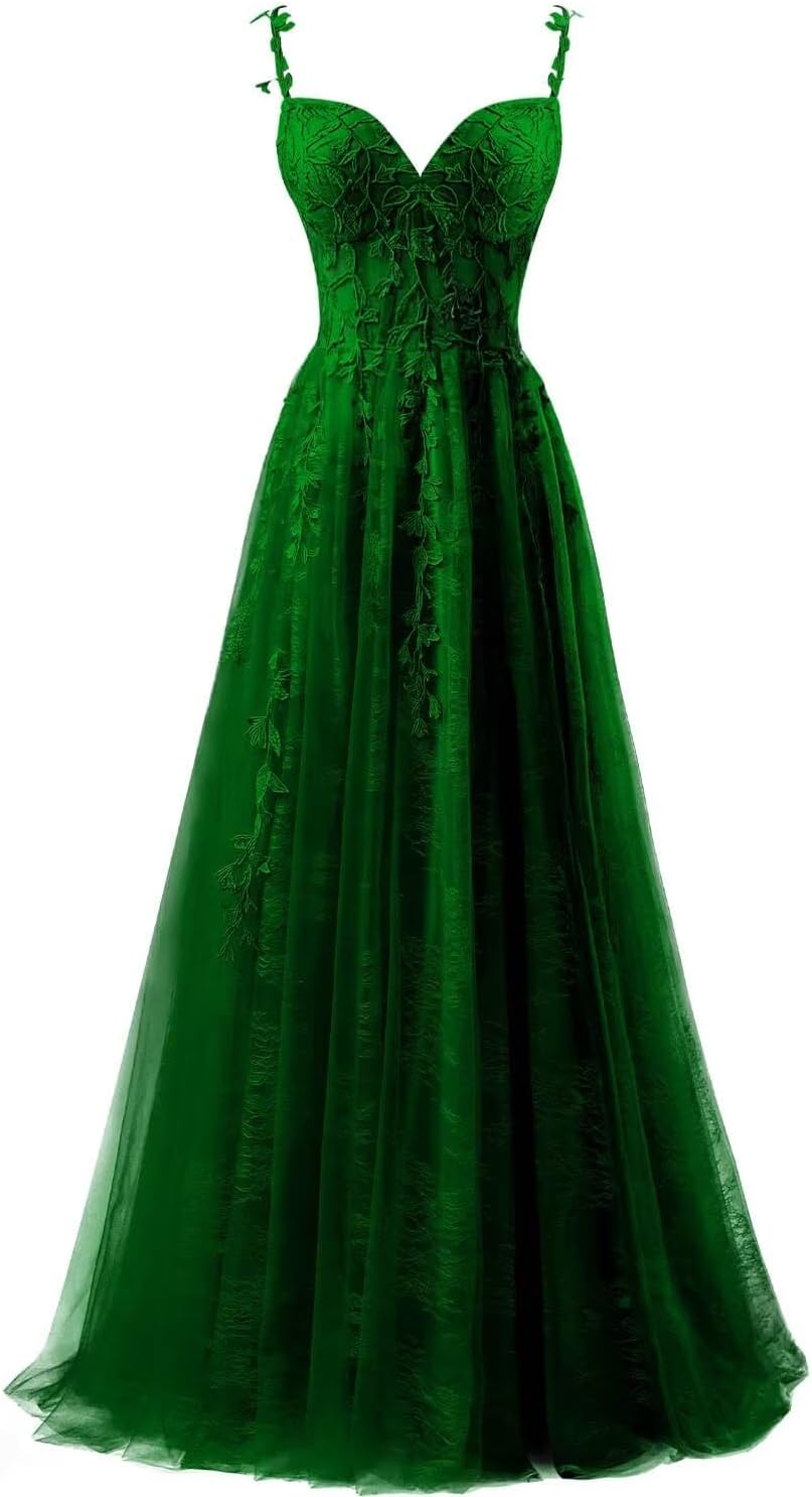 Lace Applique Tulle Prom Dresses for Women 2025 Spaghetti Straps Ball Gown Formal Evening Party Gown with Slit
