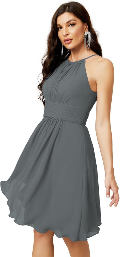 Sunnderly Short Halter Top Chiffon Bridesmaid Dresses Tea Length A Line Formal Evening Party Cocktail Dress Dusty Rose