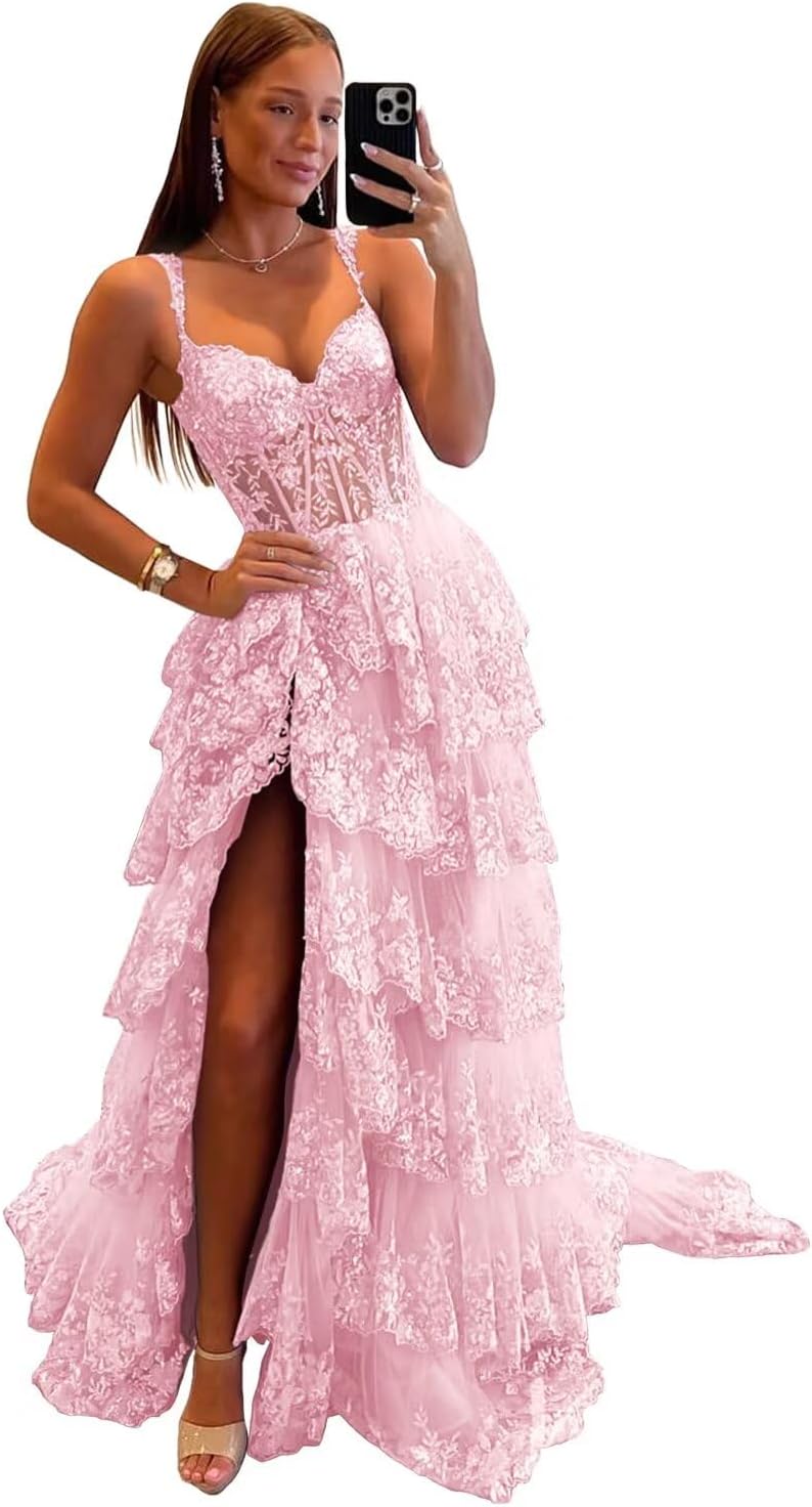Glitzerndes, gestuftes Spitzen-Tüll-Ballkleid, lang, 2025, Spaghettiträger, formelles Korsett-Abendkleid mit Schlitz 
