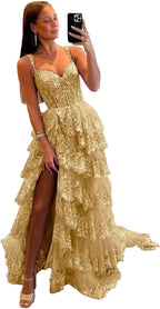 Glitzerndes, gestuftes Spitzen-Tüll-Ballkleid, lang, 2025, Spaghettiträger, formelles Korsett-Abendkleid mit Schlitz 