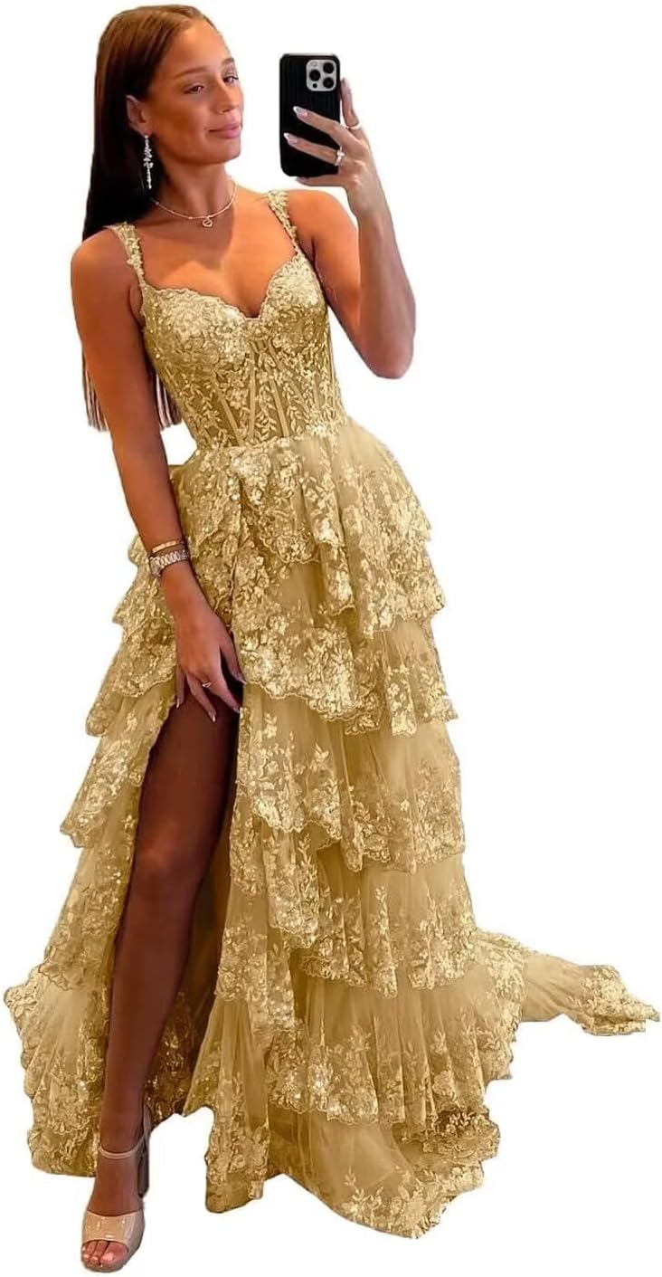 Glitzerndes, gestuftes Spitzen-Tüll-Ballkleid, lang, 2025, Spaghettiträger, formelles Korsett-Abendkleid mit Schlitz 