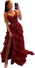 Glitzerndes, gestuftes Spitzen-Tüll-Ballkleid, lang, 2025, Spaghettiträger, formelles Korsett-Abendkleid mit Schlitz 
