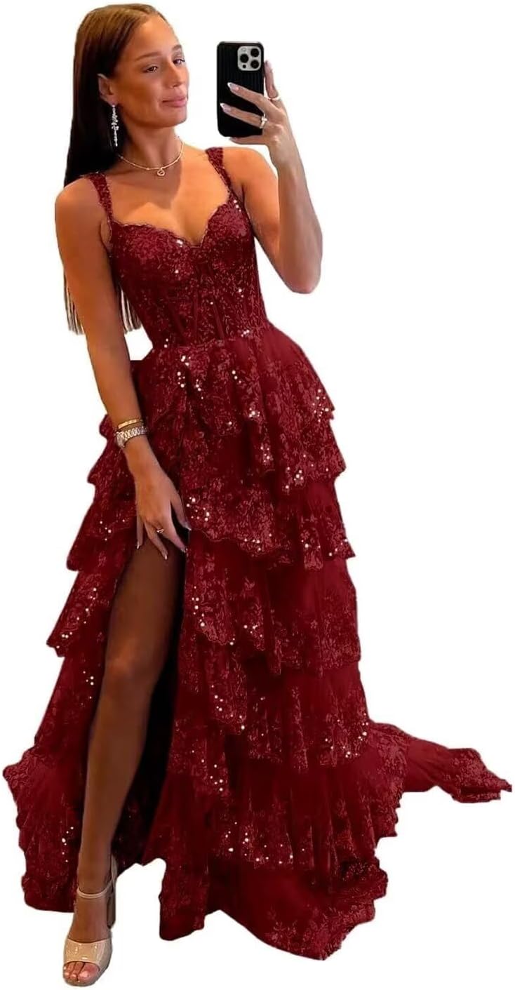Glitzerndes, gestuftes Spitzen-Tüll-Ballkleid, lang, 2025, Spaghettiträger, formelles Korsett-Abendkleid mit Schlitz 