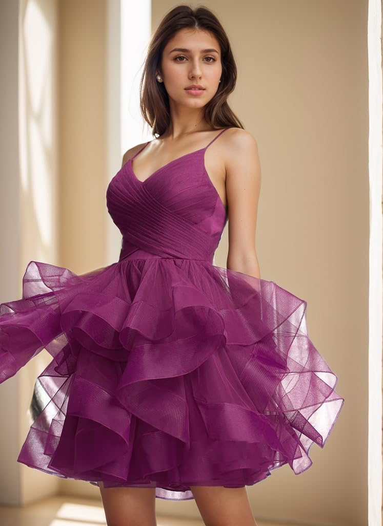 Women's Puffy Ruffle Short Homecoming Dress Tull Tutu Prom Dress V Neck Formal Party Gown