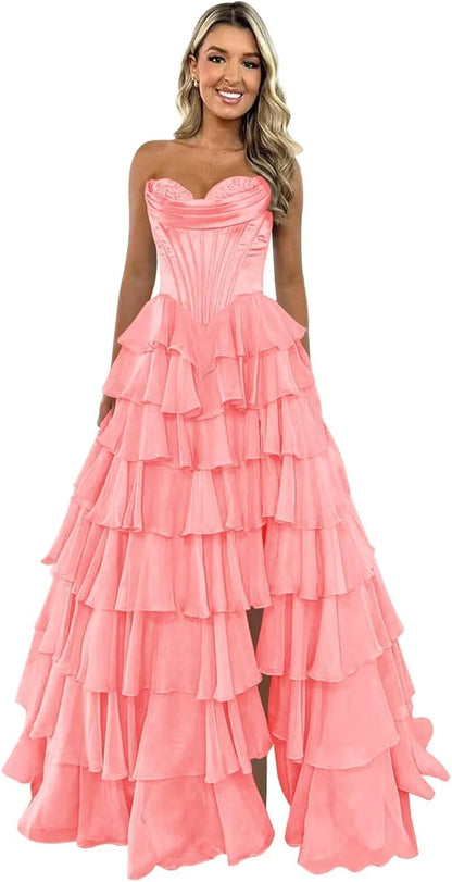 Trägerloses Korsett-Ballkleid für Damen 2025, langes, gestuftes, gerüschtes Chiffon-Abendkleid mit Schlitz 
