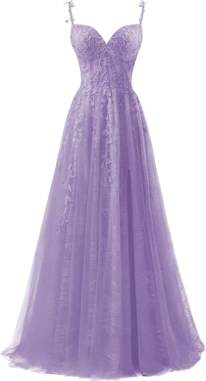 Lace Applique Tulle Prom Dresses for Women 2025 Spaghetti Straps Ball Gown Formal Evening Party Gown with Slit