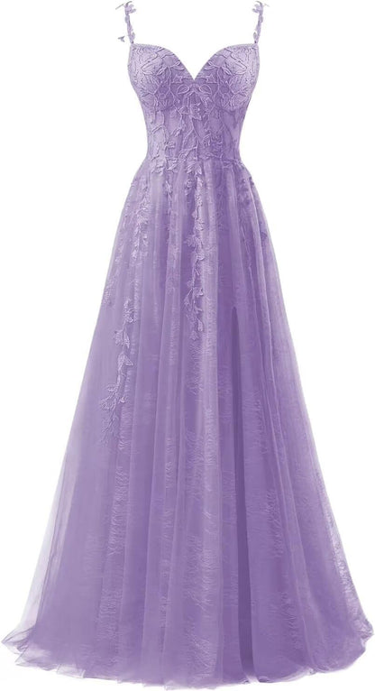 Lace Applique Tulle Prom Dresses for Women 2025 Spaghetti Straps Ball Gown Formal Evening Party Gown with Slit