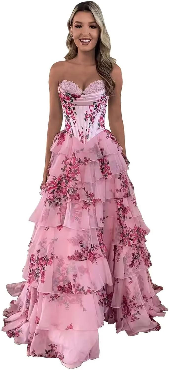 Trägerloses Korsett-Ballkleid für Damen 2025, langes, gestuftes, gerüschtes Chiffon-Abendkleid mit Schlitz 