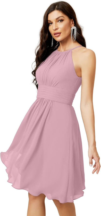 Sunnderly Short Halter Top Chiffon Bridesmaid Dresses Tea Length A Line Formal Evening Party Cocktail Dress Dusty Rose