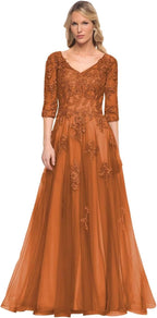 Damen V-Ausschnitt 3/4 Ärmel Kleid für die Brautmutter A-Linie Tüll Spitzenapplikationen Langes formelles Partykleid QA117 