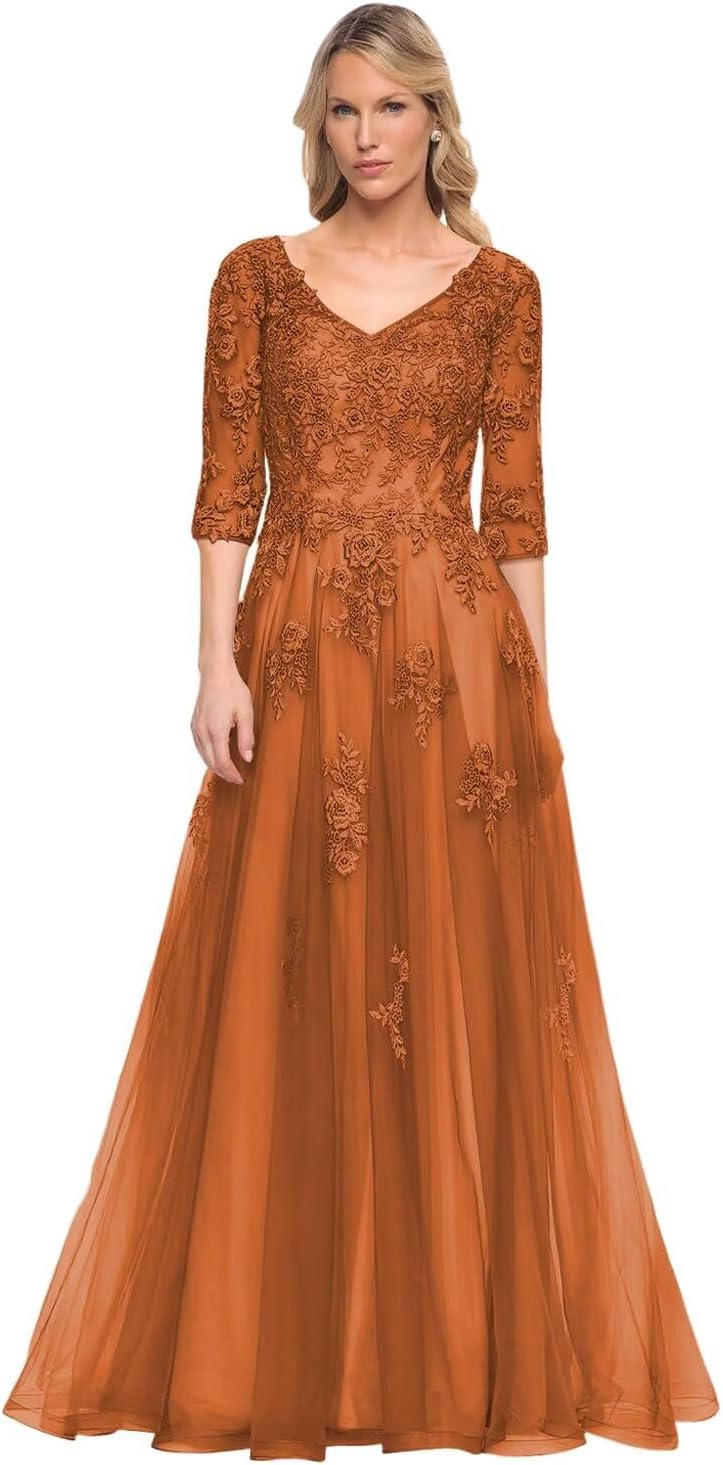 Women's V-Neck 3/4 Sleeve Mother of The Bride Dress A-line Tulle Lace Appliques Long Formal Party Dress QA117
