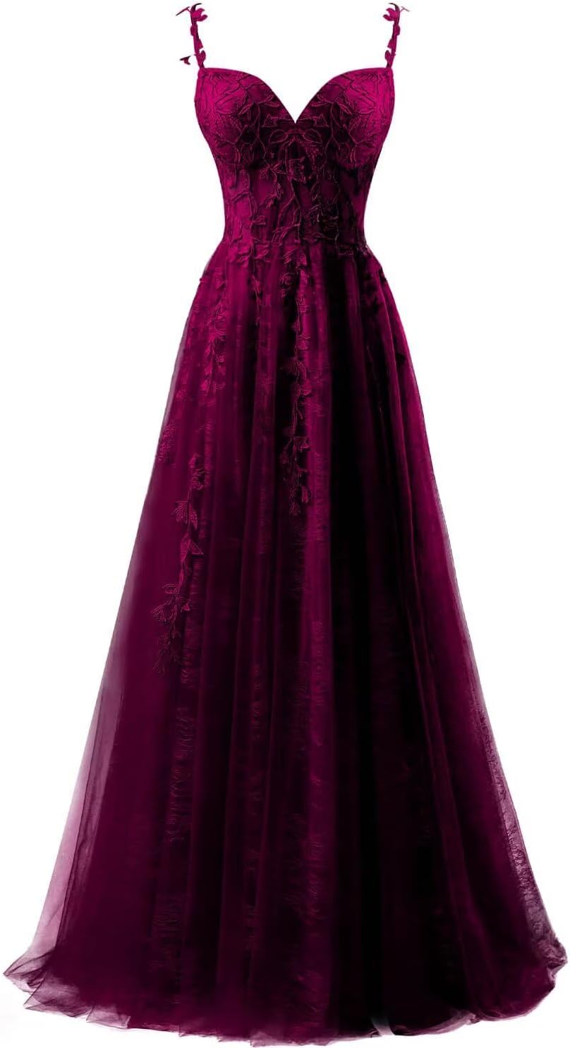 Vestidos de fiesta de tul con apliques de encaje para mujer 2025, vestido de fiesta formal de noche con tirantes finos y abertura 