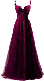 Vestidos de fiesta de tul con apliques de encaje para mujer 2025, vestido de fiesta formal de noche con tirantes finos y abertura 