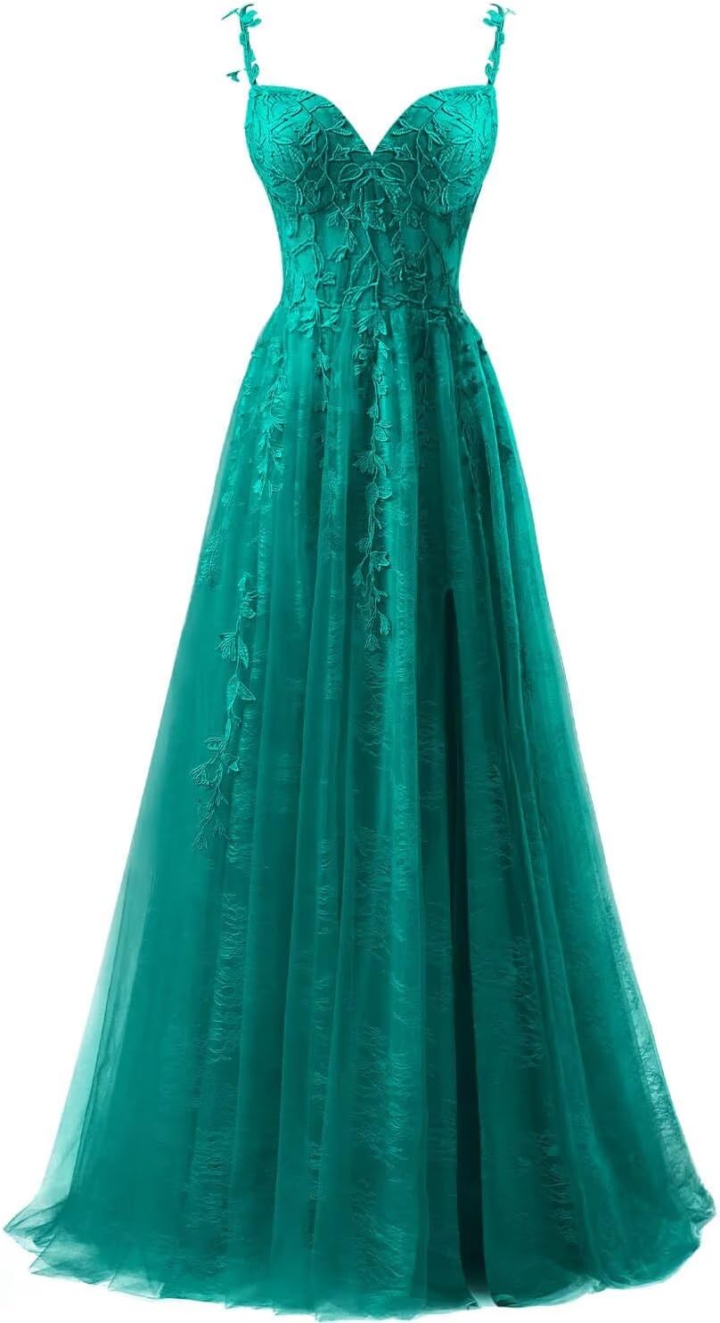 Lace Applique Tulle Prom Dresses for Women 2025 Spaghetti Straps Ball Gown Formal Evening Party Gown with Slit