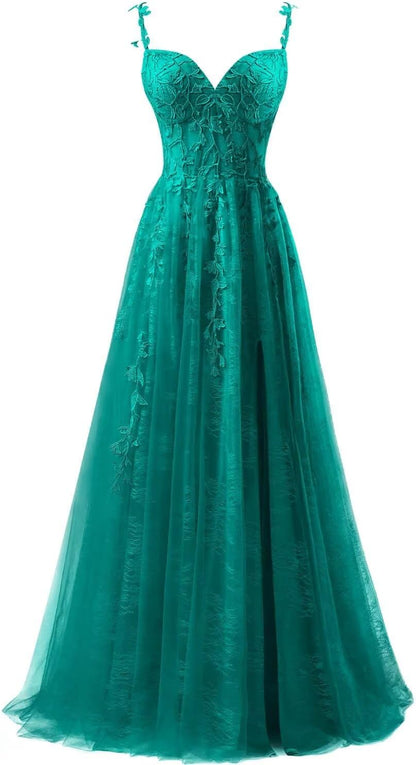 Lace Applique Tulle Prom Dresses for Women 2025 Spaghetti Straps Ball Gown Formal Evening Party Gown with Slit