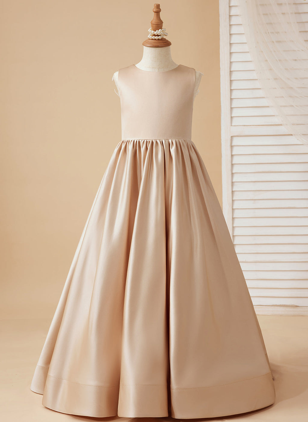 A-Linie Spitze Satin Bodenlang Blumenmädchenkleid 