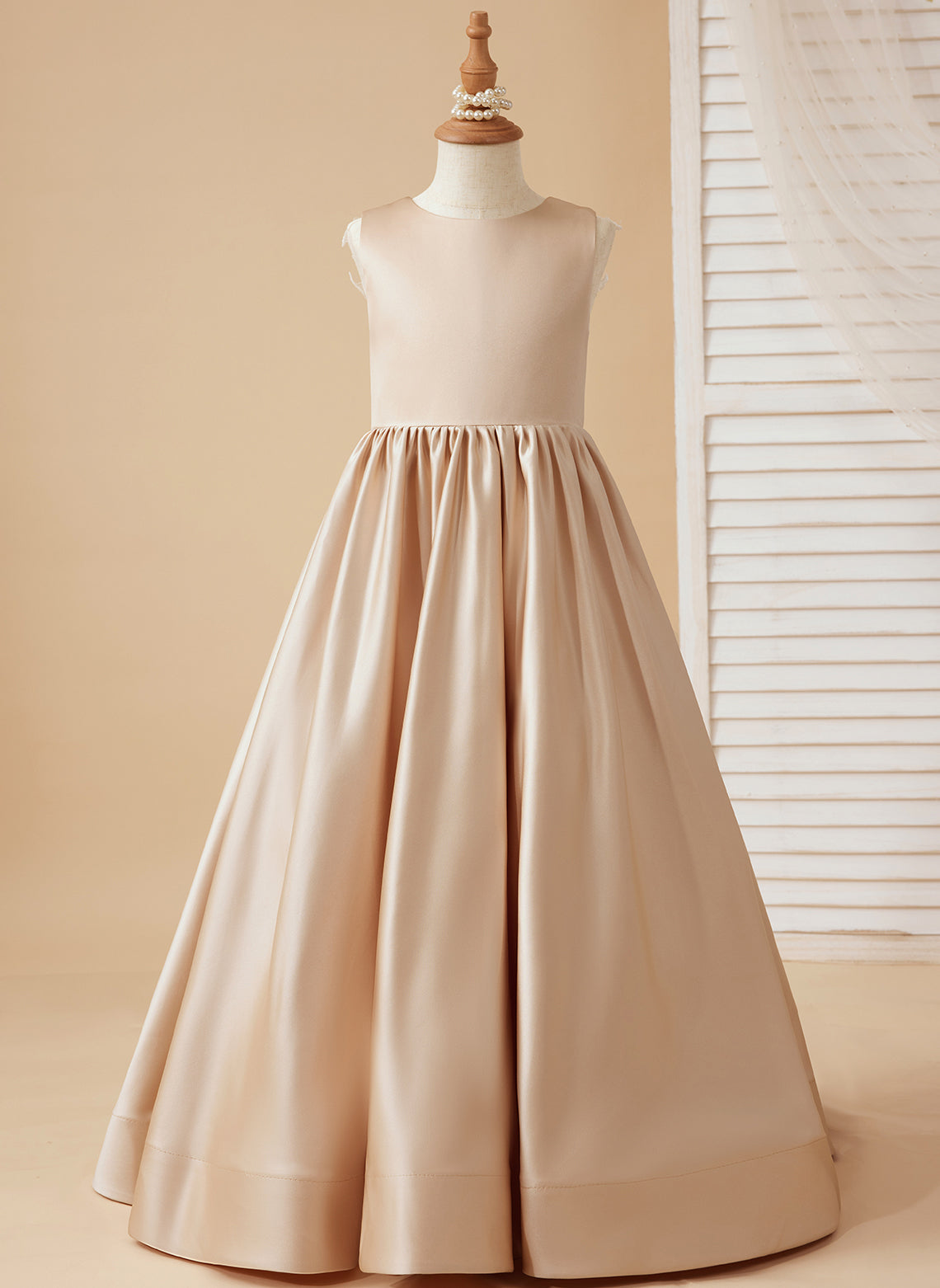 A-Linie Spitze Satin Bodenlang Blumenmädchenkleid 