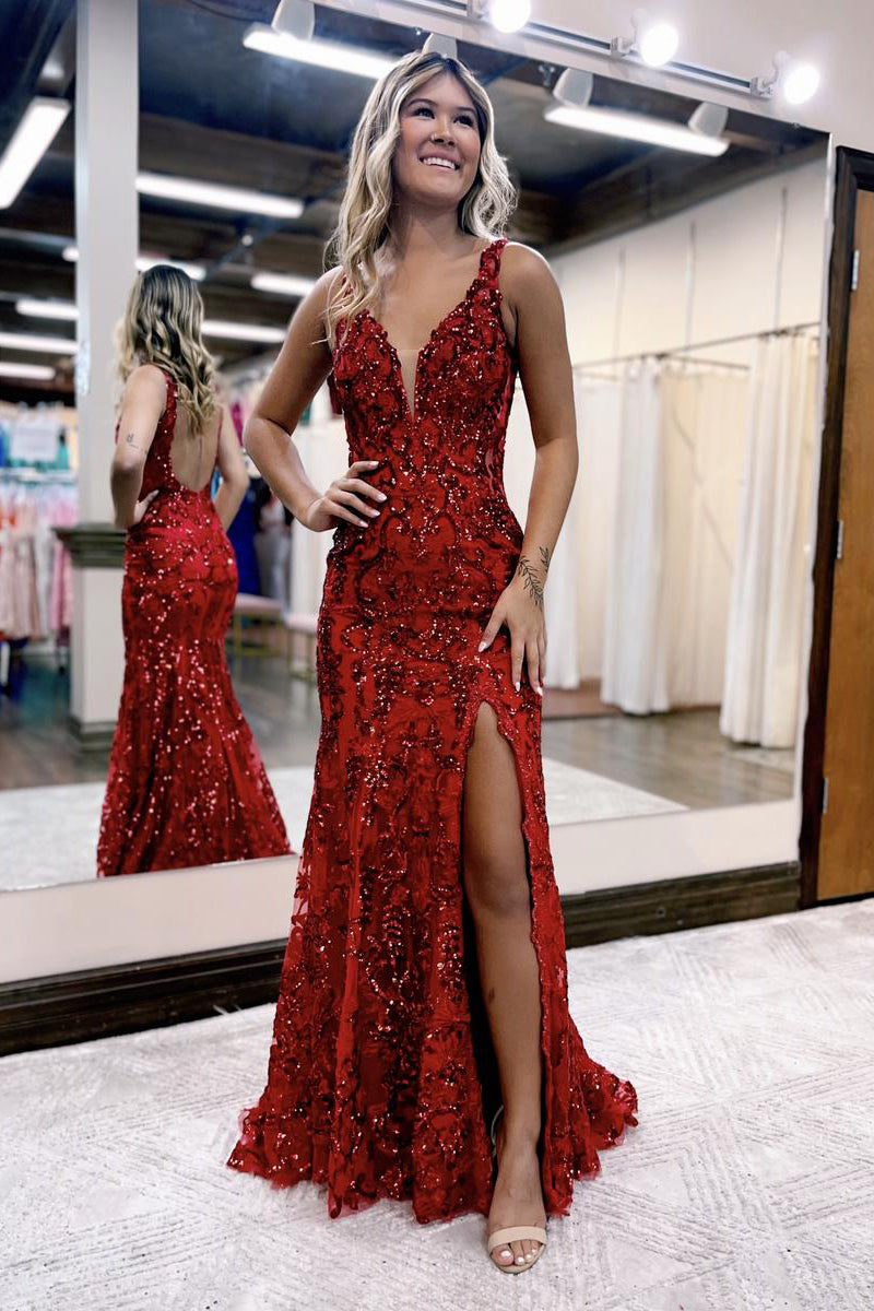 Avianna |Robe de bal sirène en dentelle pailletée à col en V et fente