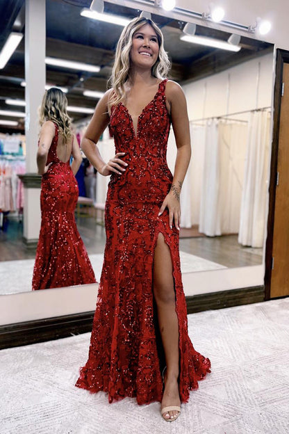 Avianna |Robe de bal sirène en dentelle pailletée à col en V et fente