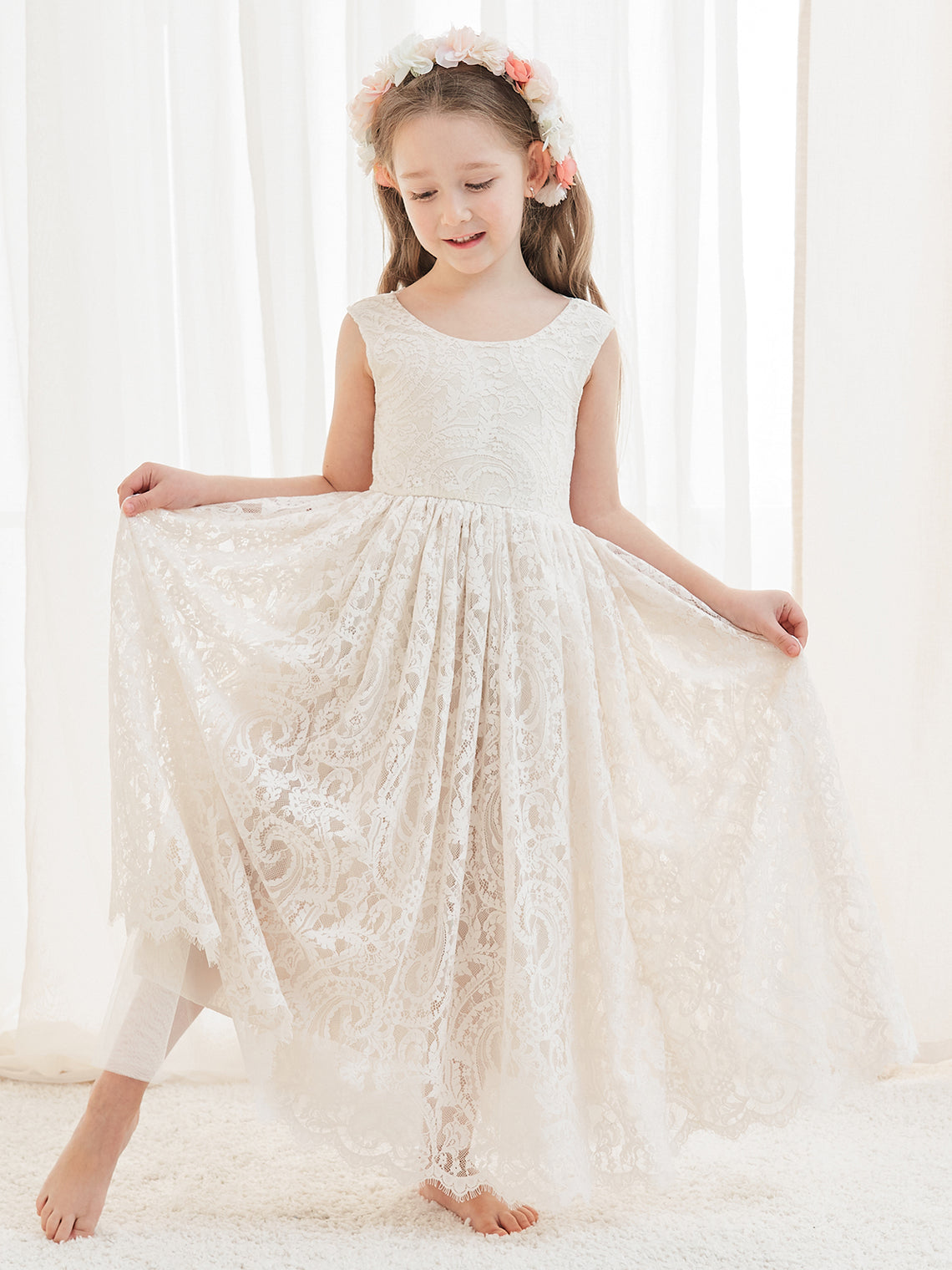 A-Linien-Spitze Knöchellanges Elfenbein Boho Blumenmädchenkleid 