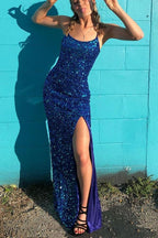 Sparkly Mermaid Scoop Neck Straps Royal Blue Prom Dress With Slit, Evening Dress Y1265