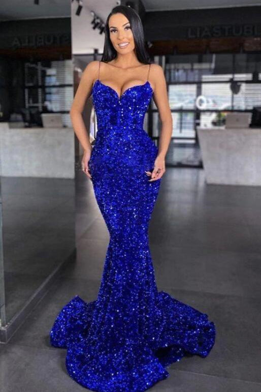 Königsblaues langes Meerjungfrau-Ballkleid mit Herzausschnitt und Spaghettiträgern