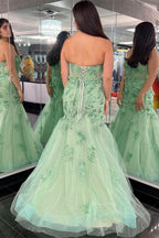 Vestido formal largo de corte trompeta, sin tirantes, con apliques en verde salvia, índigo |