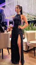 Funkelndes schwarzes Pailletten-Abendkleid, schwarzes Abendkleid, Y5226
