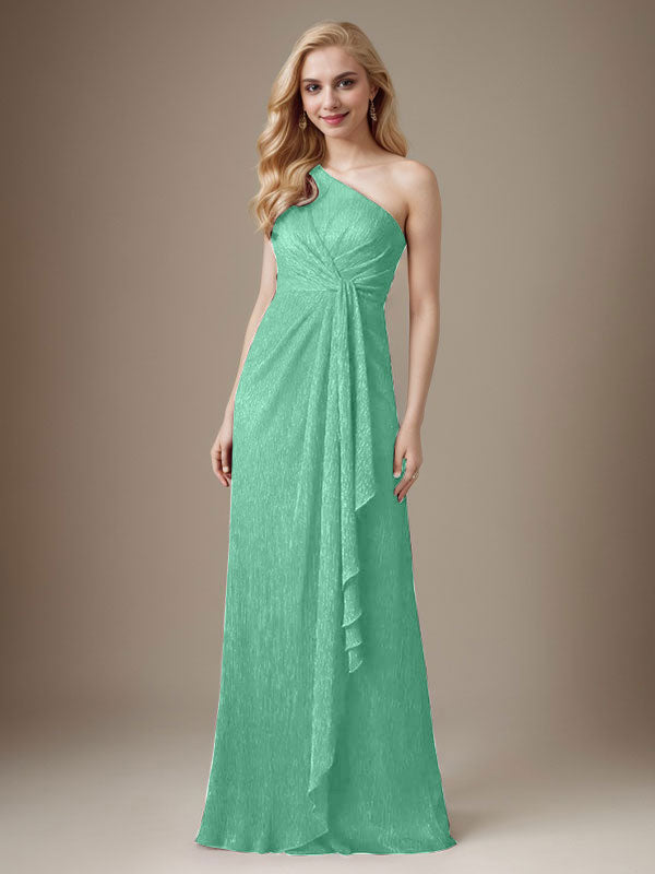 Vestido de madre de la novia con un solo hombro de malla metálica y corte rubí
