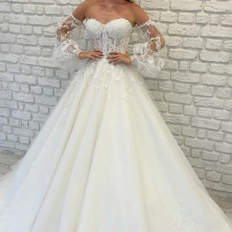 Sweetheart Tulle Wedding Dresses Off Shoulder Lace Up Appliqued Beaded Vestido De Noiva 2022 Puffed sleeves Lace Bridal Dress-payinti