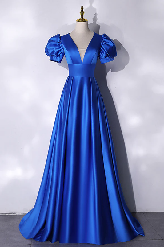Vestido de fiesta largo de satén azul, vestido de noche sencillo Y241