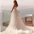 Fashion Strapless 3D Flower Lace Applique Wedding Dresses Sweep Train Custom Bridal Grown Vestido De Noival-payinti