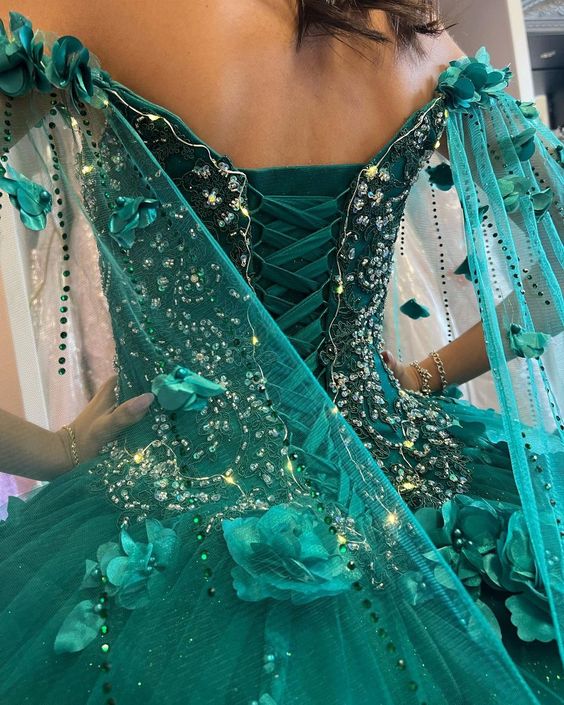 Floral weg von der schulter smaragdgrün quinceanera kleid neue ankunft süße 16 kleid ballkleid Y1226