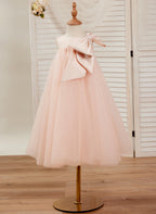 A-Linien-Kleid mit großer Schleife und Tüll in Wadenlänge für Blumenmädchen 