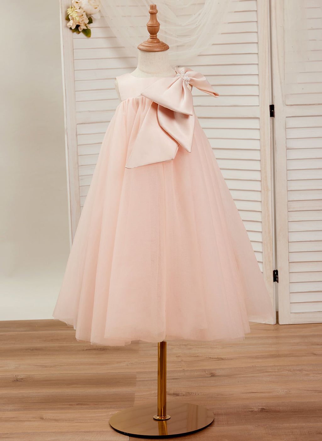 A-Linien-Kleid mit großer Schleife und Tüll in Wadenlänge für Blumenmädchen