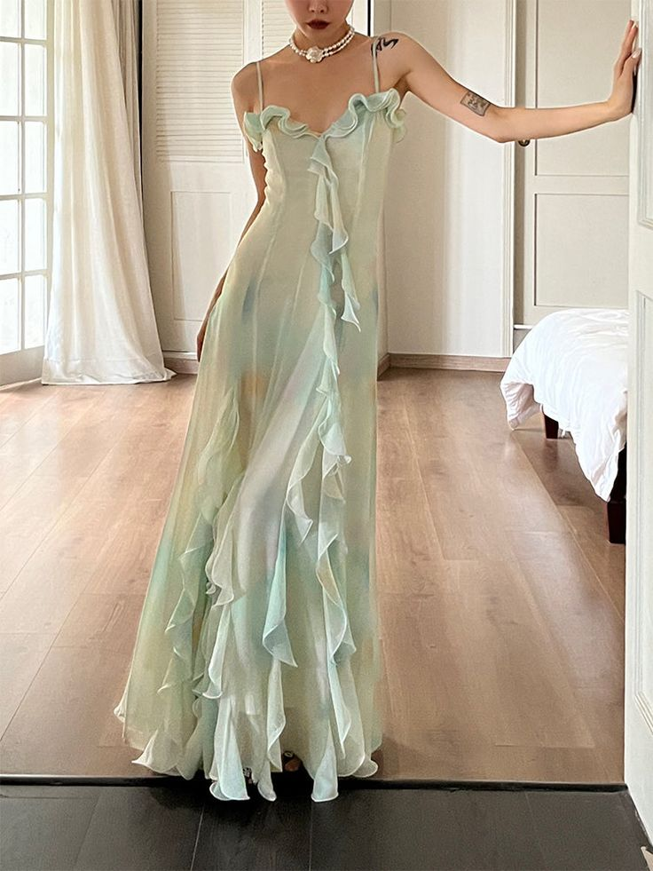 Wunderschönes grünes Chiffon-Rüschen-Ballkleid mit Trägern, Abendkleid Y7897
