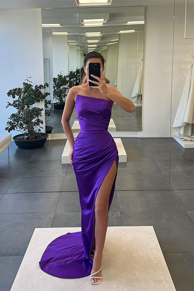 Langes, trägerloses, ärmelloses Ballkleid aus Satin im Meerjungfrauenstil mit Schlitz