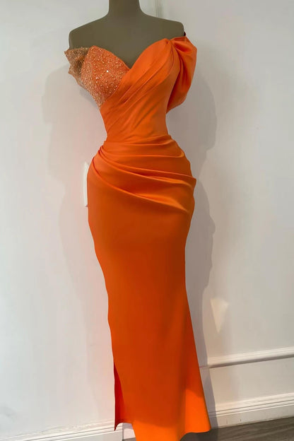 Orange Langes Off-Shoulder-Abendkleid im Meerjungfrau-Stil aus Satin