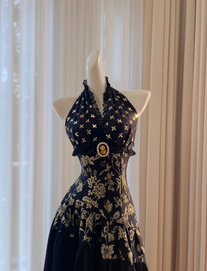 Elegante vestido de noche negro con cuello halter, estampado floral y lentejuelas, vestido de fiesta largo en línea A Y8568