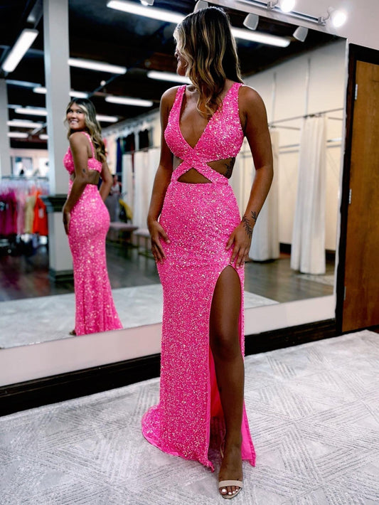 Salma | Vestido de fiesta de sirena con escote en V y lentejuelas con abertura