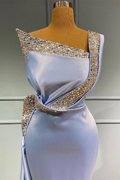Vestido de fiesta largo de sirena con un hombro al descubierto, sin mangas, de satén, con cuentas y volantes